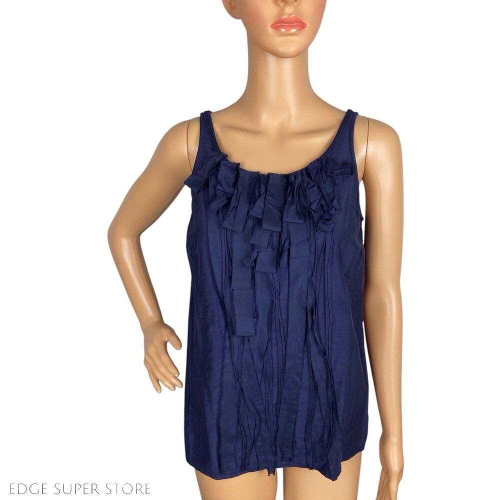 J Crew Silk Blend Dark Navy Blue Ruffle Front Scoop Neck Tank Top Blouse Size 2